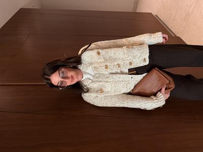 Gold Düğmeli, Parıltılı Ekru Premium Triko Ceket