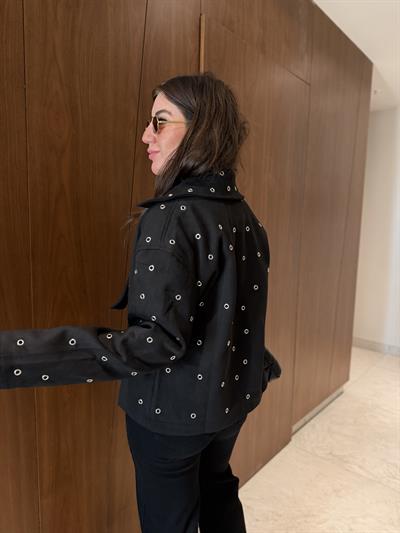 Kuş Gözü Detaylı , Siyah , Premium Süet Ceket