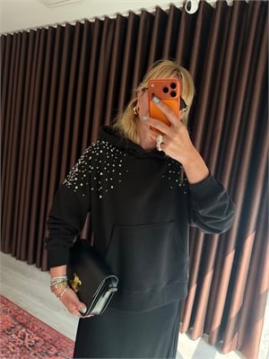 Taş İşlemeli Siyah Sweatshirt