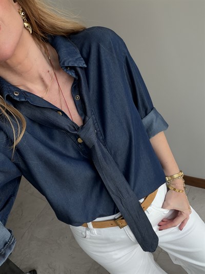 Lacivert Kravatlı Premium Tencel Jean Gömlek