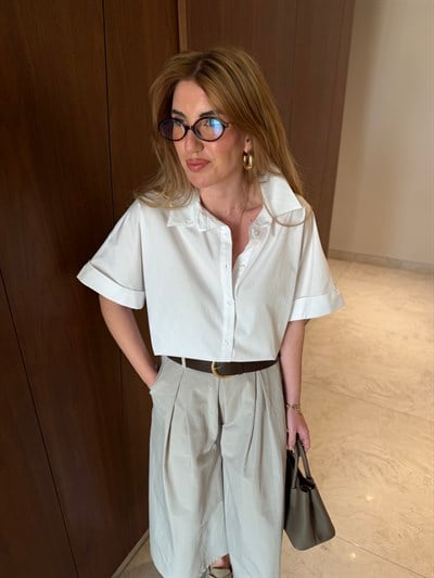 %100 Cotton , Kısa Kollu , Beyaz Poplin Gömlek