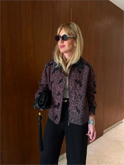 Leopar Desenli , Boncuk Nakışlı , Bomber Ceket