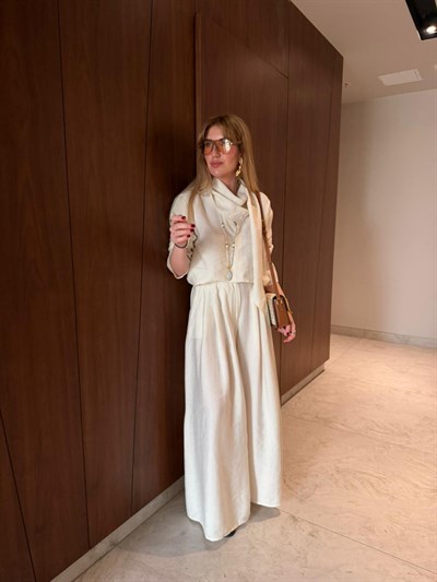 Ekru, Orijinal Model Fular Yakalı Gömlek & Pantalon Premium Tencel Takım