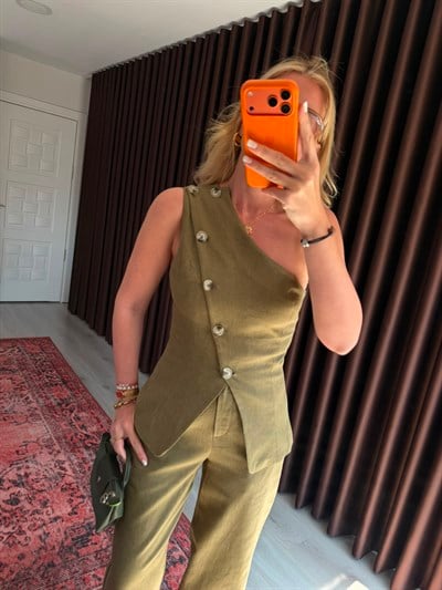 Orijinal Model , Yandan Düğmeli , Haki , Keten Bluz Takım