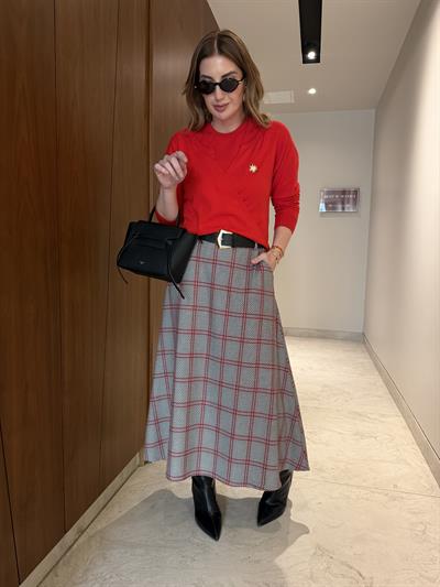 Gold Deri Kemerli , Kırmızı & Siyah Ekoseli , Premium Çan Etek