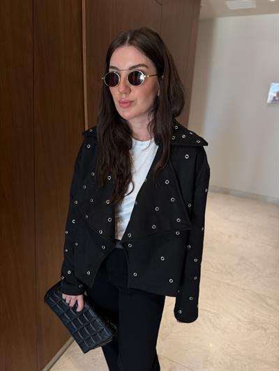 Kuş Gözü Detaylı , Siyah , Premium Süet Ceket