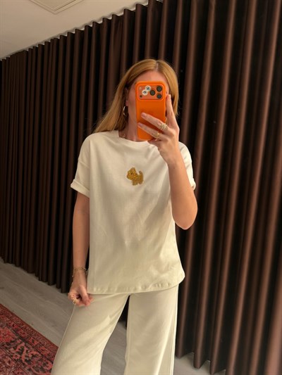 Bgm Marka , Zirkon Taş İşlemeli , %100 Cotton , Beyaz T-shirt