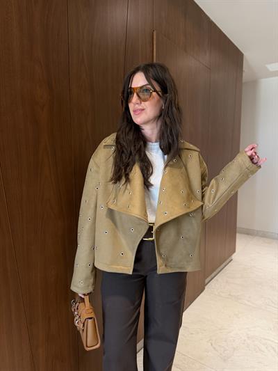 Kuş Gözü Detaylı , Taba , Premium Süet Ceket