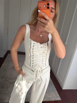 Kurdela Detaylı , Ekru , Pantolon & Korsajlı Bluz Takım
