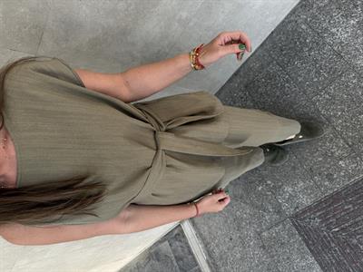 Omzu Burmalı , Haki , Keten , Bluz Takım