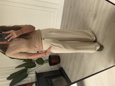 Arka Beli Lastikli , Camel Çizgili , Keten Dokulu , Bej Pantolon