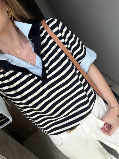 Lacivert Çizgili, Poplin Detaylı Polo Yaka Modal Bluz