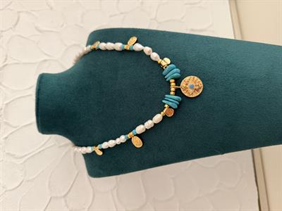 Mavi Boncuk Detaylı, Gold Göz Taşlı, İnci Kolye