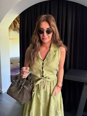 Haki Önden Düğmeli, Arkası Lastikli Premium Tencel Yelek