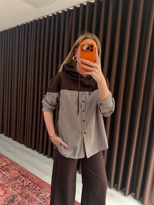 Çizgili Poplin Detaylı , Acıkahve Sweatshirt Takım