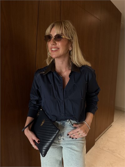 Orijinal Model Deri Yakalı, Boncuk İşlemeli Lacivert Gömlek