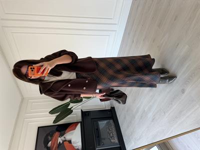 Beli Gizli Lastikli Haki & Bej Ekoseli Tok Saten Etek