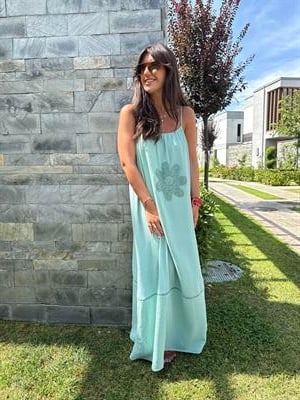 Önü Örgü Çiçekli , Mint Yeşili , Askılı Elbise