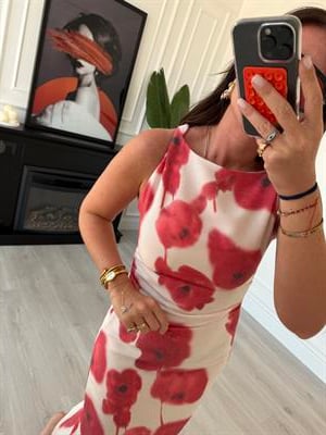 Orijinal Model , Kırmızı Çiçekli , Keten Dokulu Elbise