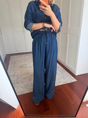 %100 Cotton , Tencel , Gömlek & Beli Lastikli Pantolon , Lacivert Premium Takım