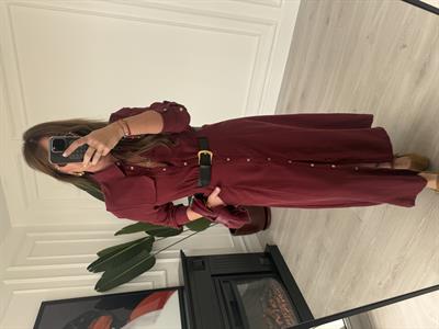 Premium Tok Tencel, Kemerli Bordo Gömlek Elbise