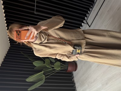 Bej Orijinal Model Fular Yakalı Gömlek & Pantalon Premium Tencel Takım