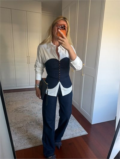Premium , Düğmeli Jean Büstiyer & Poplin Gömlek Takım