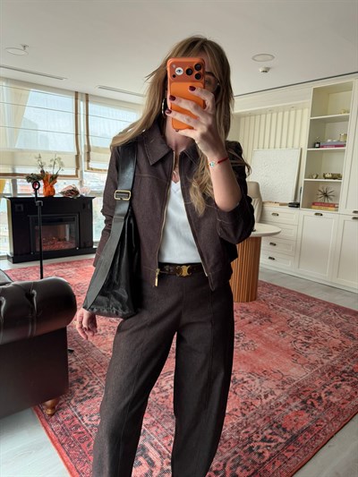 Önden Fermuarlı , Acıkahve , Likralı Gabardin Ceket