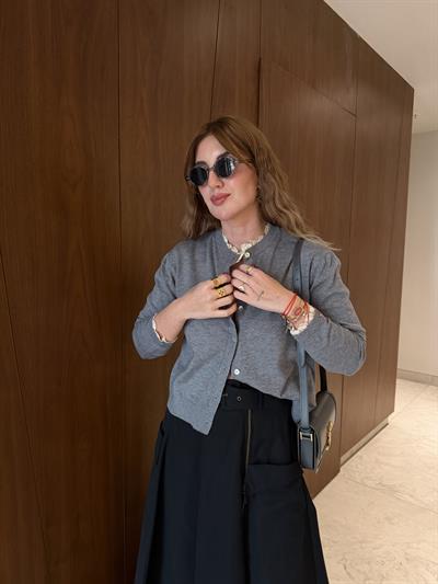 Yakası & Kolları Dantel Detaylı , Gri Triko