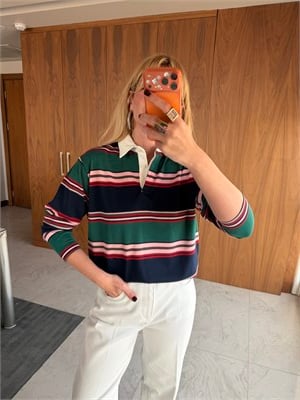 Polo Yaka Çizgili Premium Tiril Sweatshirt