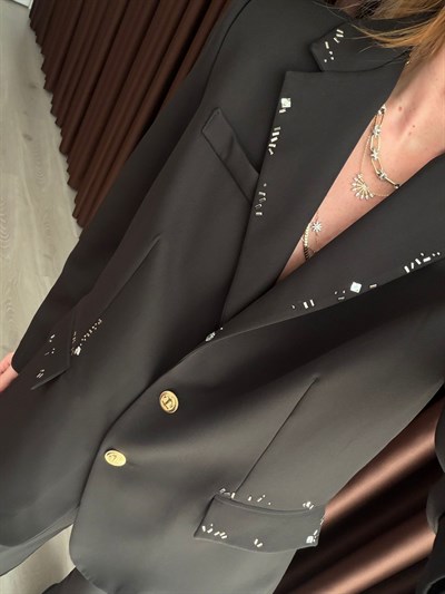 Taş İşlemeli , Siyah , Blazer Ceket & Pantolon Takım