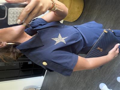 Orijinal Model, Kemerli Yıldız Detaylı Lacivert Gömlek Elbise