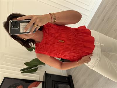 Büzgülü , Tasarım , Kırmızı Kolsuz Bluz