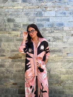 Orijinal Model , Beli Lastikli , Pantolon & Gömlek , Desenli , Pembe Saten Takım