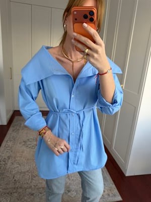 Kayık Yaka , Mavi , Kuşaklı Poplin Gömlek