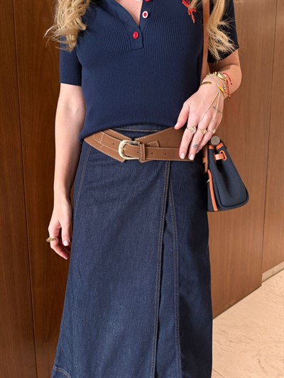 Süet Kemerli , Likralı Lacivert Jean Etek