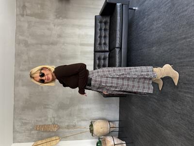 Çift Kemer Detaylı , Yırtmaçlı , Kahverengi Ekoseli Etek