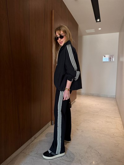 Yanları Dantel Şeritli , Siyah , Üçlü Takım