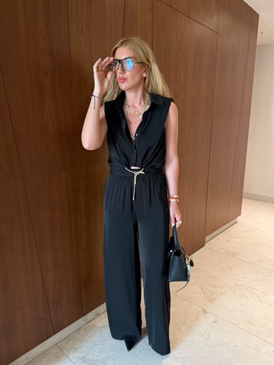 Arka Beli Lastikli , Kuşaklı , Siyah Tencel Pantolon