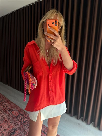 Kırmızı  , Tencel , Oversize Gömlek