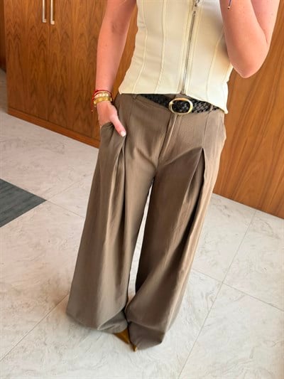 Deri Kemerli , %100 Cotton , Haki Palazzo Pantolon