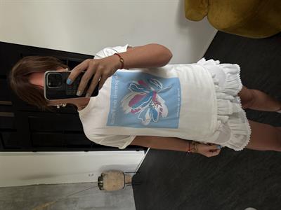 Taş İşlemeli, Mavili Desenli , Beyaz T-shirt