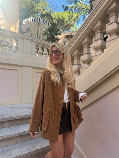 Acıkahve Yakalı Taba Premium Süet Ceket