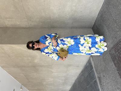 Beli Lastikli , Mavi Çiçek Desenli , Kasımpatı Elbise