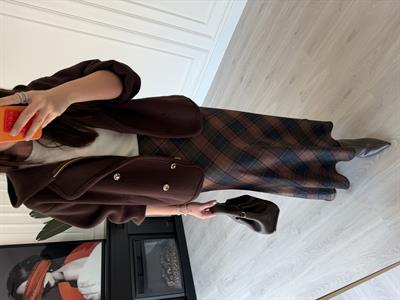 Beli Gizli Lastikli Haki & Bej Ekoseli Tok Saten Etek