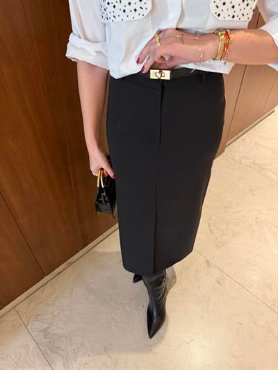 Yırtmaç Detaylı , Kemerli , Siyah , Midi Kalem Etek