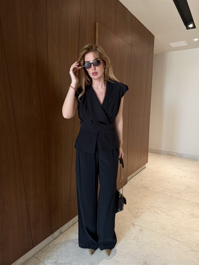 Beli Kuşaklı , Siyah , Yelek & Pantolon Takım