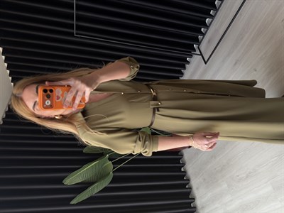 Orijinal Model , Double Krep Kumaş , Kemerli Haki Elbise