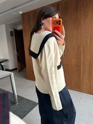 Orijinal Model Jean Detaylı Ekru Tasarım Triko