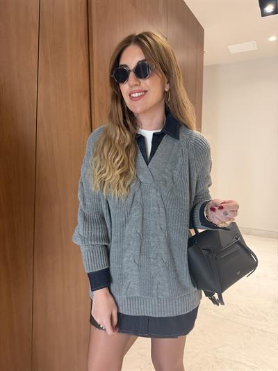 Jean Yaka Detaylı , Saç Örgü , Antrasit Premium Triko